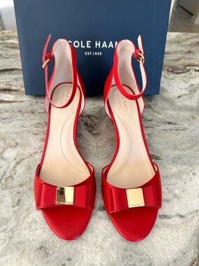 NWT Cole Haan Red Ankle-Strap Heels with Bow and Gold Accents